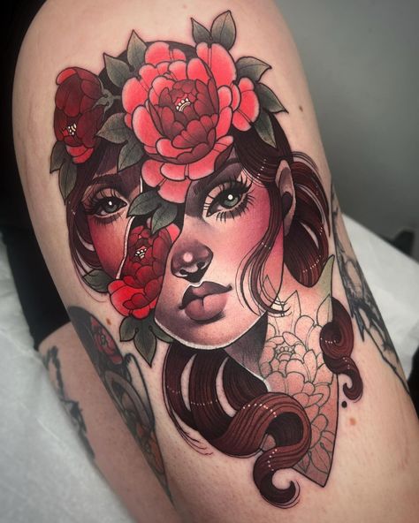 bethrosetattoo Neo Traditional Leg Sleeve, Neo Traditional Woman Tattoo, Neo Traditional Tattoos Women, Neo Traditional Tattoos Women Faces, Neo Traditional Woman Face, Neotrad Lady Face, Traditional Tattoo Woman Face, Neo Traditional Lady Face, Lady Face Traditional Tattoo