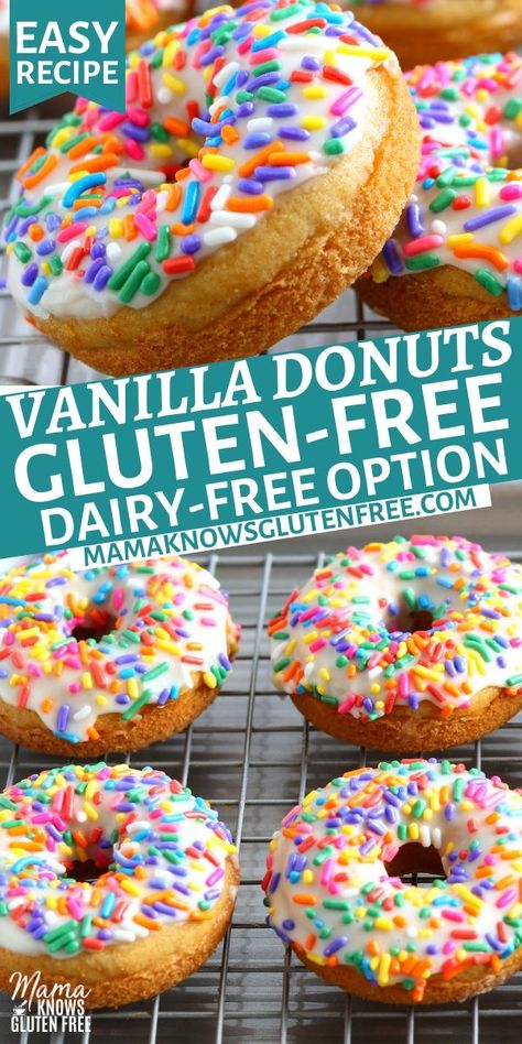 Gluten-free vanilla donuts with topped with vanilla icing and sprinkles. Dairy Free Donuts, Gluten Free Donut Recipe, Gluten Free Doughnuts, Gluten Free Dairy Free Dessert, Paleo Snack, High Protein Desserts, Gluten Free Donuts, Protein Desserts, Gluten Free Sweets