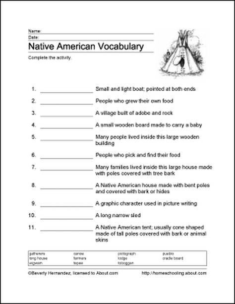 Native Americans of North America Free Printables: Vocabulary - The Canoe and Toboggan Native American Worksheets, Native American Lessons, Native Americans Unit, Native American Studies, Elementary Worksheets, 4th Grade Social Studies, History Worksheets, Printable Kindergarten, 5th Grade Social Studies