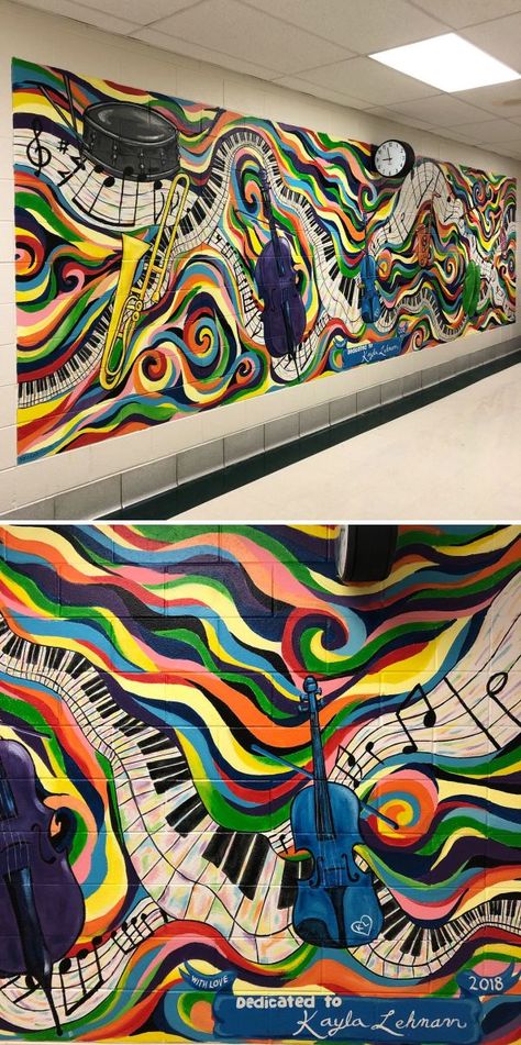 Music Mural by Nora Kate Paints at Bell-Graham Elementary School Music Wall Murals Painted, Musical Mural Ideas, Mural Music Wall Art, Music Mural Ideas, Music Room Mural, Music Mural Art, Mural Ideas For School, Music Room Decorations School, Music Murals Ideas Wall Art