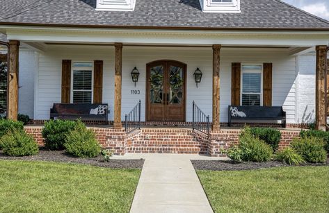 Wide Porch Steps, Wooden Steps Outdoor Front Porches, Tall Front Porch Steps, Front Porch Wide Steps, Wide Front Porch Steps Farmhouse, French Country Exterior, Front Porch Steps, White Exterior Houses, Cedar Posts