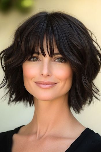 Save this pin for the best layered bob hairstyles for fine hair. This shaggy bob with layers gives a textured look with choppy layers that create a stunning lift. The soft bangs add a gentle frame to your eyes, drawing attention to your features. Short Bob Haircuts With Layers Fine Hair Bangs, Shaggy Bob With Bangs Fine Hair, Shaggy Bob Hairstyles For Fine Hair, Bob With Fringe Bangs, Bob With Layers, Fine Hair Bangs, Choppy Bob With Bangs, Light Bangs, Shaggy Bob Hairstyles