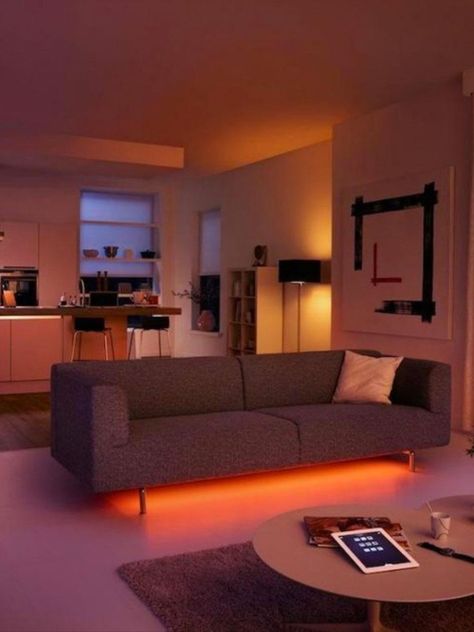 Philips Hue Living Room, Apartment Living Room Lighting Ideas, Led Ambient Lighting Living Room, Apartment Led Lighting Ideas, Led Strip Living Room, Living Room Led Lighting Ideas, Home Led Lighting Ideas, Led Living Room Aesthetic, Led Light Living Room Ideas