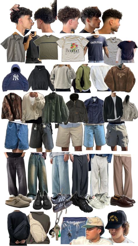 Thrifted Outfits Men, Capsule Wardrobe Men, Outfit Grid Men, Men's Capsule Wardrobe, Street Style Outfits Casual, Streetwear Fashion Men, Collage Outfits, Trendy Boy Outfits, Cool Kids Clothes