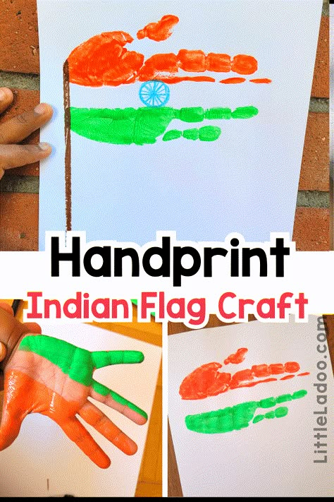 Handprint Indian National Flag Craft Flag Activities For Kids, National Day Craft, Flag Crafts For Kids, Around The World Crafts For Kids, Indian National Flag, Rainbow Fish Crafts, Independence Day Activities, Popsicle Stick Crafts For Kids, Around The World Theme