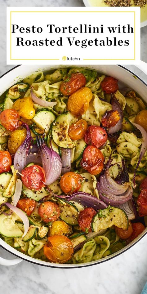 Italian Vegetable Pasta, Pasta Roasted Vegetables, Roasted Vegetables And Pasta, Tortellini With Vegetables, Fancy Pasta Dishes, Roast Vegetable Pasta, Recipe With Pesto, Pasta With Roasted Vegetables, Roasted Veggie Pasta