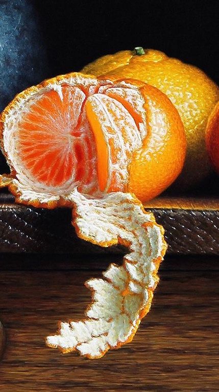 Preciosa mandarina Fruit Close Up, Orange Fruit Photography, Close Up Paintings, Orange Fruit Painting, 3d Still Life, Orange Fruit Art, Still Life Orange, Still Life Fruit Painting, Fall Still Life