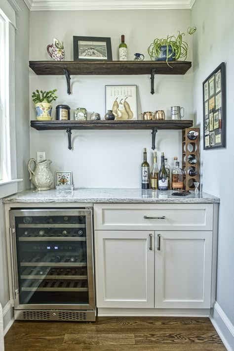 Floating Shelves Above Mini Fridge, Small Bars With Wine Fridge, Bar Fridge Cabinet, Dry Bar With Wine Fridge Floating Shelves, Diy Dry Bar With Mini Fridge, Coffee Bar With Mini Fridge, Basement Dry Bar With Full Size Fridge, Coffee Bar Wine Cooler Cabinet Floating Shelf Wall Area, Outdated Kitchen Cabinets