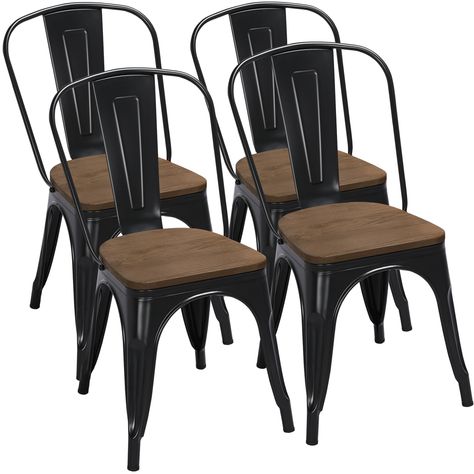 Alden Design Metal Stackable Dining Chairs with Wooden Seat, Set of 4, Black - Walmart.com Coffee Chairs, Black Chairs, Stackable Dining Chairs, Chaise Metal, Metal Dining Chairs, Bistro Chairs, Patio Dining Chairs, Kelly Clarkson, Modern Dining Chairs