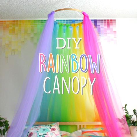 DIY Rainbow Canopy Rainbow Canopy, Girls Rainbow Bedroom, Rainbow Room Kids, Rainbow Bedroom, Unicorn Room Decor, Unicorn Room, Unicorn Bedroom, Fantasy Bedroom, Diy Rainbow