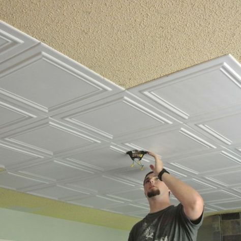 Accent Flooring, Covering Popcorn Ceiling, Popcorn Ceiling, Casa Vintage, Ceiling Tiles, The Ceiling, Home Repairs, Remodel Bedroom, Basement Remodeling