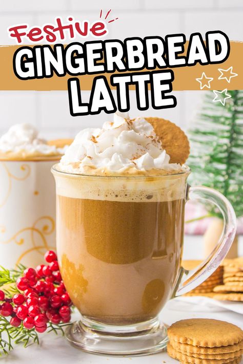 Christmas coffee drink in mug with text festive gingerbread latte. Starbucks Easy Drinks, Gingerbread Drink, Christmas Coffee Drinks, Hot Christmas Drinks, Seasonal Coffee Drinks, Gingerbread Latte Recipe, Holiday Coffee Drinks, Holiday Coffee Bar, Christmas Party Menu