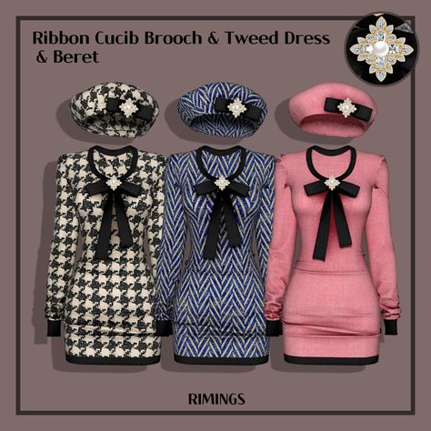 [RIMINGS] Ribbon Cucib Brooch & Tweed Dress & Beret | RIMINGS on Patreon The Sims 4 Packs, Sims 4 Expansions, Sims 4 Cc Folder, Tumblr Sims 4, Free Sims, Sims 4 Gameplay, Sims 4 Teen, Normal Map, Sims 4 Dresses