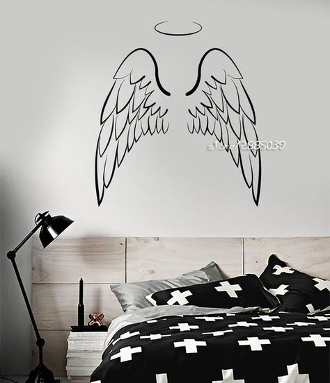 Wall Drawing Bedroom, Angel Wings Pattern, Simple Wall Paintings, Wings Pattern, Wall Decals Living Room, Wall Drawings, Creative Wall Painting, Angel Wings Wall, Wing Wall