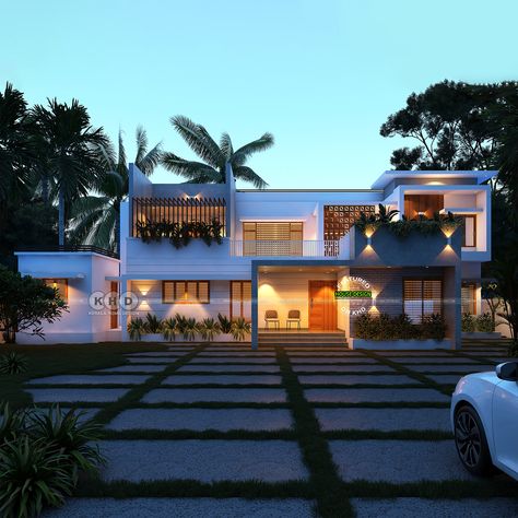 Twilight Contemporary Flat Roof House: Modern architecture blending with twilight's serene beauty. Flat Roof House Exterior, Flat Roof House Designs, House Models, Flat Roof House, Kerala Home, Modern Exterior House, Roof House, Front Elevation Designs, Kerala Houses