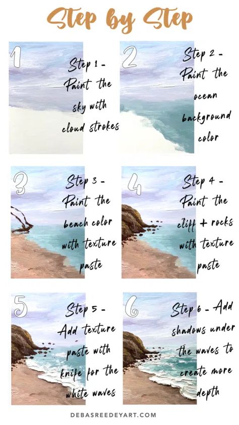 Easy texture seascape painting - Debasree Dey Art Beach Painting Tutorial, Gouache Techniques, Watercolour Seascapes, Seascape Paintings Acrylic, Watercolour Water, Ocean Art Painting, Beach Scene Painting, Painting Challenge, Learn Watercolor Painting