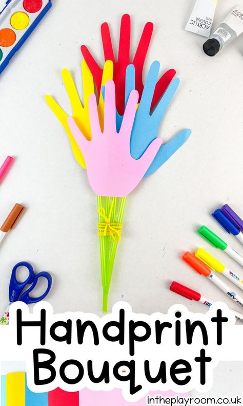 Easy Handprint Bouquet Craft Hand Print Bouquet, Handprint Bouquet, Bouquet Craft, Spring Flower Crafts, Earth Craft, Big Hearts, Fun Arts And Crafts, Handprint Craft, Handprint Crafts