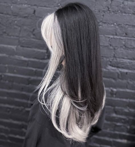 Hair Dye On Black Hair Without Bleach, Black And White Hairstyles, White Stripe Hair, Narcissa Malfoy Hair, White And Black Hair, Underdye Hair, Black And White Hair, Korean Hair Color, Hair Color Underneath