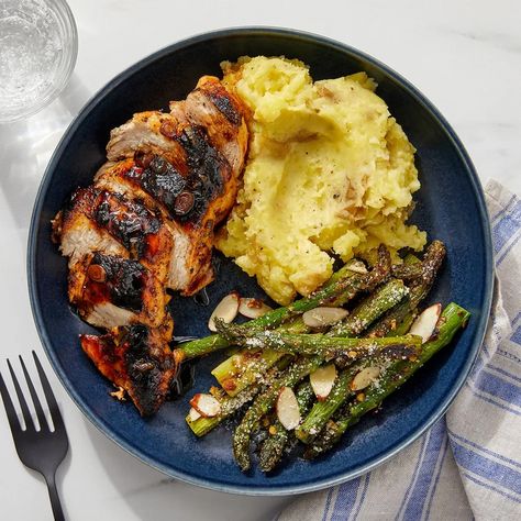 Blue Apron Meals, Asparagus Balsamic, Hello Fresh Meals, Parmesan Mashed Potatoes, Home Chef Recipes, Chicken Mashed Potatoes, Feel Good Foodie, Blue Apron Recipes, Meal Service