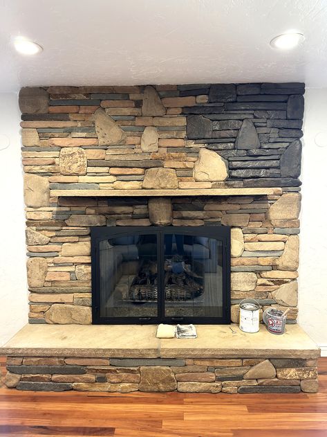 Updating an Old Stone Fireplace With Dark Grey Paint Wash | Before and After – Pine and Prairie Home Stone Fireplace Renovation, Painted Stone Fireplace Before And After, Old Stone Fireplace Makeover, River Rock Fireplace Makeover, Painting A Stone Fireplace, Painting Stone Fireplace, Paint Stone Fireplace, Rock Fireplace Makeover, Gray Stone Fireplace