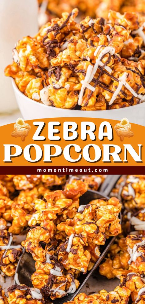 The perfect Christmas treat to make! It's an easy zebra popcorn recipe. Drizzled with two kinds of chocolate, this homemade caramel popcorn is rich and satisfying. Plus, this holiday snack idea is also great as a gift! Zebra Popcorn, Homemade Caramel Popcorn, Popcorn Balls Recipe, Popcorn Recipes Easy, Holiday Snack, Mom On Timeout, Popcorn Balls, Popcorn Recipe, Crowd Pleasing Recipes