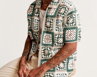 Crochet Men Shirt, Crochet Men Sweater, Granny Square Shirt, Xmas Crochet, Square Shirt, Shirt Crochet, Granny Square Sweater, Crochet Men, Sweater Polo