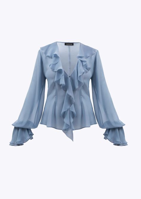 Ruffle Blouse Outfit, Ethereal Romantic, Georgette Shirt, Akai Shuichi, Light Blue Blouse, Blouse With Ruffles, Georgette Tops, Batik Fashion, Midi Dress Party