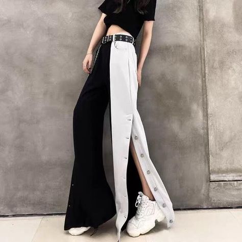 Gothic Black White Splice High Waist Wide Leg Pants SP15192 – SpreePicky Cargo Pants Female, Hip Hop Women, Belt Chain, High Waist Wide Leg Pants, Loose Trousers, Crop Top And Shorts, Bride Clothes, Women Cargos, Tracksuit Women