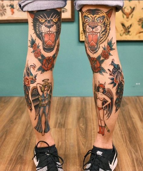 Leg Tattoos Ideas, Traditional Tattoo Knee, Traditional Tattoo Leg Sleeve, Tattoo Knee, Tattoos Ideas For Women, American Traditional Tattoo Ideas, Traditional Tattoo Ideas, Full Leg Tattoos, Tattoo Leg