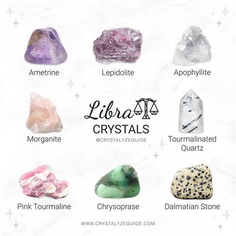 ✨ 𝐂 𝐑 𝐘 𝐒 𝐓 𝐀 𝐋 𝐘 𝐙 𝐄 ✨ on Instagram: "♎ 𝐋𝐢𝐛𝐫𝐚 𝐂𝐫𝐲𝐬𝐭��𝐚𝐥𝐬 » Ametrine : Guidance | Focus | Creativity » Lepidolite : Balance | Calm | Gratitude » Apophyllite : Spiritual Growth | Intuition | Cleansing » Morganite : Love | Angelic Communication | Release » Tourmalinated Quartz : Unity | Protection | Clarity » Pink Tourmaline : Compassion | Love | Surrender » Chrysoprase : Love | Vitality | Hope » Dalmatian Stone : Grounding | Playfulness | Loyalty 🌠 Libra Crystals are based o Libra Crystals, Zodiac Crystals, Dalmatian Stone, Herb Candles, Ayurvedic Healing, A Kind Of Magic, Crystal Power, Jar Art, Tourmalinated Quartz