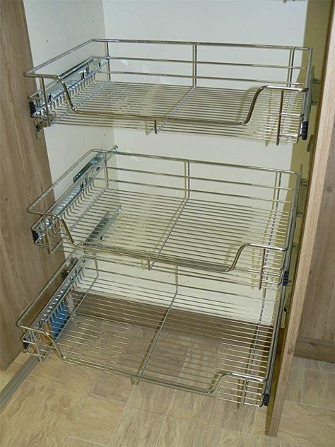 Inside Kitchen, Pantry Organisation, Kitchen Basket Storage, Desain Pantry, Wire Basket Storage, Bedroom Drawers, Chrome Kitchen, Kitchen Redesign, Small Pantry