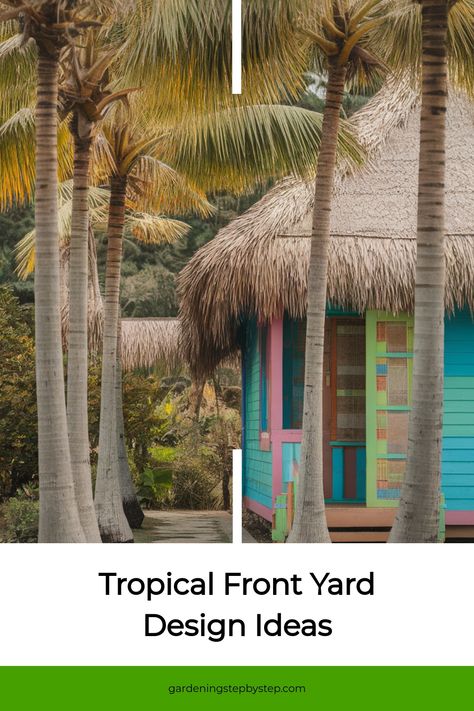 Tropical-themed front yard with palm trees and a colorful hut. Tropical Front Garden, Tropical Front Yard Landscaping, Tropical Front Yard, Front Garden Designs, Front Yard Design Ideas, Yard Design Ideas, Front Garden Ideas, Small Tropical Gardens, Beautiful Landscaping