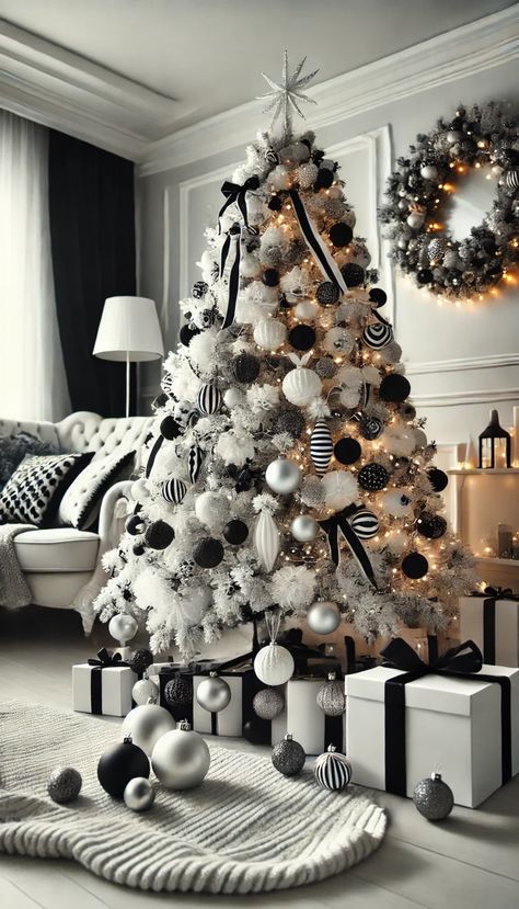 🎄21 Stunning White Christmas Tree Decorating Ideas to Transform Your Holiday Decor!✨ Flocked Christmas Tree Silver, White Tree With Black Ornaments, White Christmas Tree With Black Decor, Christmas Decor Ideas Black And White, Black And White Christmas Tree Ideas, White And Black Christmas Tree, Black And White Christmas Decorations, Black Christmas Tree Ideas, Monochromatic Christmas