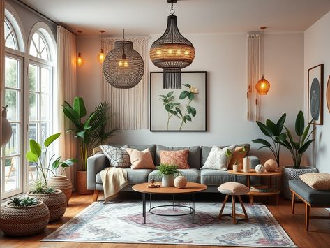 30 Modern Boho Living Room Ideas: Top Trends to Transform Your Space » Comfy Ideas Modern Boho Living Room With Fireplace, Cozy Moroccan Living Room, Modern Living Room Decor With Plants, Chic Living Room Ideas Modern, Boho Tiny Living Room, Modern Boho Living Room Gray Couch, Light Bohemian Living Room, Boho With Grey Couch, Cozy Boho Living Room Inspiration Modern