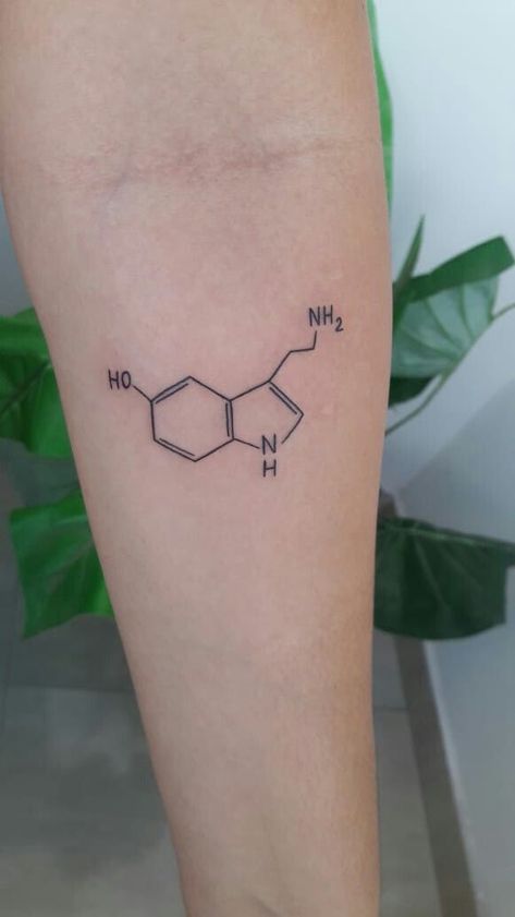 Serotin Tattoo, Serotonin Tattoos For Women, Seratonin Small Tattoo, Chemistry Tattoos, Indie Tattoo Ideas, Serotonin Molecule Tattoo, Scientific Tattoo, Serotonin Tattoo, Chemistry Tattoo