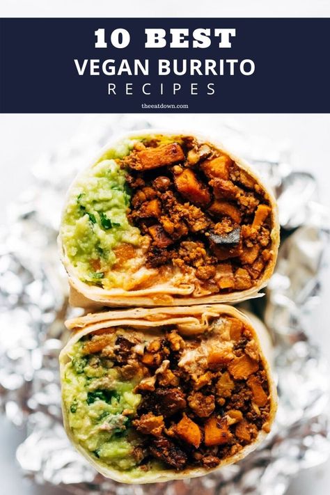 Check out these delicious vegan burritos from around the web. Protein packed and vegan friendly. Including breakfast burritos, burrito bowls, naked burritos, and more! Vegan Burrito Filling, Uni Meal Ideas, Vegan Burrito Recipe, Bean Burrito Recipe, Healthy Food Ideas Recipes, Breakfast Menu Ideas, Best Burritos, Vegan Spring Recipes, Vegetarian Gluten Free Recipes