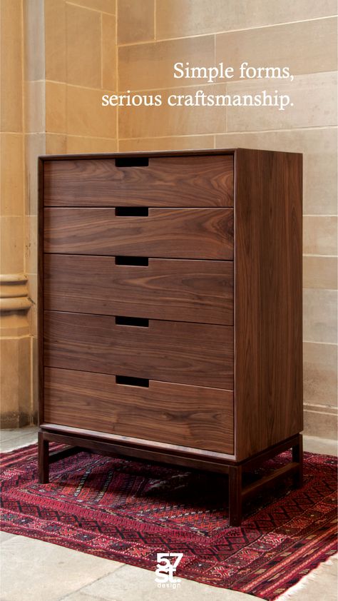 A contemporary tallboy dresser inspired by Mid-century Modern design. Crafted from solid, American hardwood with a hand-rubbed, natural oil and wax or Danish soap finish. Available in custom dimensions and drawer configurations, as well as in different wood types. Tallboy Dresser, Study Table Designs, Study Room Design, Modern Dresser, Natural Oil, Woodworking Furniture, Closet Design, Mid Century Furniture, Wood Working