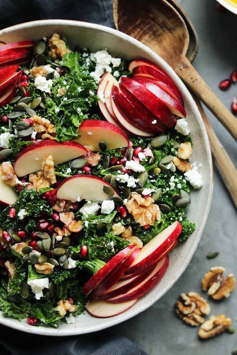 Apple Walnut Salad with Kale, a deliciously festive salad. The perfect addition to your Thanksgiving table. #applesalad #salads Festive Salad, Salad With Walnuts, Winter Salads, Healthy Egg Salad, Apple Walnut Salad, Apple Walnut, Satisfying Eats, Asian Salad, Vegetarian Salads