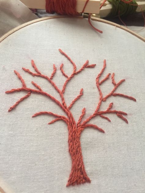 Embroidery Designs Stem Stitch, Embroidery Tree Design, Stem Stitch Embroidery Design Patterns, Tree Embroidery Tutorial, Stem Stitch Design, Stem Stitch Embroidery Motifs, Embroidery Branch, Embroidery Tree Pattern, Stem Embroidery Design