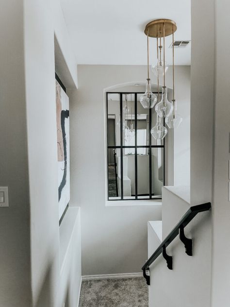 Lighting In Stairwell, Stairway Light Fixture, Stairway Lighting Hanging, Staircase Lighting Ideas, Back Stairs, Small Staircase, Stairwell Lighting, Statement Light Fixture, Spec Home