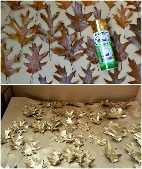 Gild oak leaves with gold spray paint for a classy Christmas wreath Gold Leaf Christmas Ornaments, Gold Spray Paint Ideas, Spray Paint Christmas Tree, Spray Paint Leaves, Leaf Christmas Tree, Spray Paint Crafts, Christmas Tree Tutorial, Classy Christmas Decor, Silver Leaf Art