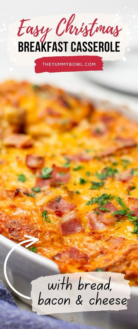 Easy Breakfast Casserole With Bacon - Layers of delicious fluffy bread soaked in milk and egg mixture and then baked with bacon & cheese until perfection. A perfect casserole dish for breakfast or brunch! Easy Breakfast Casserole With Bacon, Bacon Egg And Cheese Casserole, Quick Breakfast Casserole, Cheesecake Thanksgiving, Eggnog French Toast Bake, Bacon Egg Bake, Breakfast Casserole With Bacon, Sweet Breakfast Casserole, Christmas Morning Breakfast Casserole