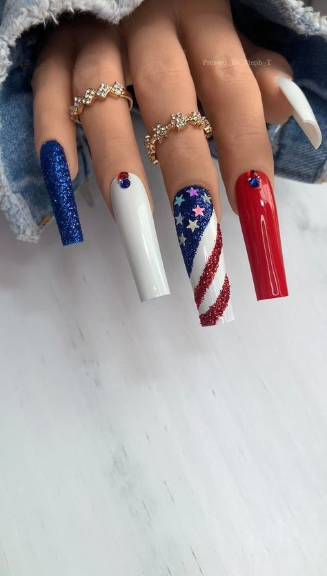 Patriotic Babe Luxury Nails Red White Blue Nails Glitter Nails Coffin Stiletto Square Nails - Etsy Red White Blue Nails, Patriotic Nails Design, Cowboy Nails, Patriotic Nails, Blue Glitter Nails, Fourth Of July Nails, Fingernail Designs, 4th Of July Nails, July Nails