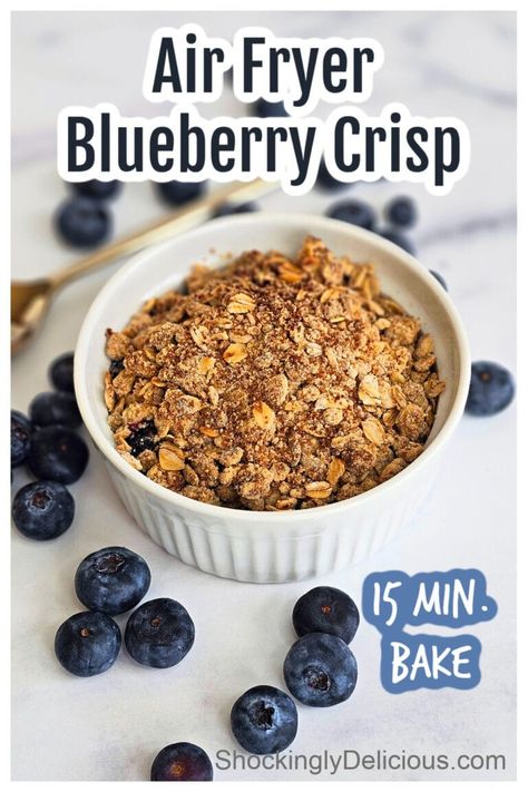 Air Fryer Blueberry Crisp (For One) is a perfectly sweet, easy, fruity and comforting dessert that can be ready on a whim. Easily scale it up for more servings. Air Fryer Blueberry Crisp, Blueberry Crisp For One, Air Fryer Blueberry, Spring Sweets, Lemon Chess Pie, Mouthwatering Desserts, Friends Recipes, Blueberry Crisp, Sweet Easy