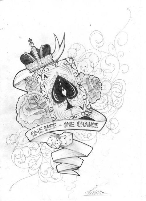 "One life one chance" tattoo with roses and card with crown Gamble Tattoo, Poker Tattoo, Dice Tattoo, Card Tattoo Designs, Muster Tattoos, Japanese Tattoos, Gambling Tattoo, Card Tattoo, Gambling Gift