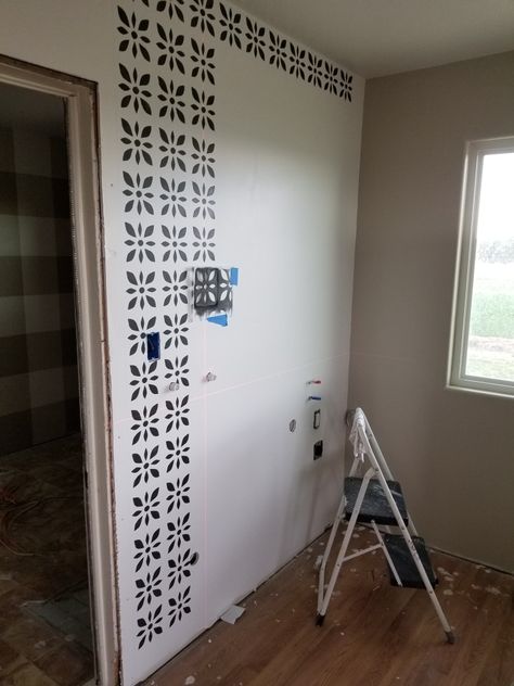 Stencil Laundry Room Wall, Black And White Hand Painted Wall, Black And White Stencil Wall, Black And White Stenciled Floor, Stencil Black And White, Daisy Wall Stencil, Gothic Wall Stencil, Stenciled Walls, Laser Level