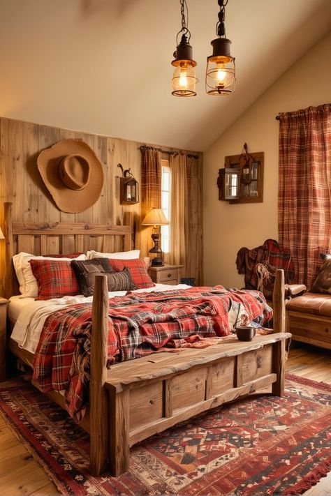 30 Western Bedroom Ideas to Create the Ultimate Rustic Retreat – The Crafty Hacks Western Bed Frame Rustic Bedrooms, Rustic Boys Bedroom Ideas, Rustic Room Decor Bedroom, Western Bedroom Ideas Ranch Style Rustic, Ranch Bedroom Decor, Dark Western Bedroom, Modern Rustic Bedroom Decor, Western Style Bedroom, Primitive Bedroom Ideas