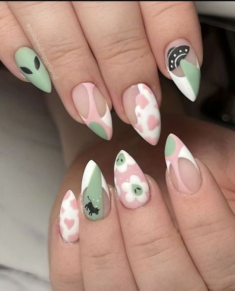 Green Color Block Nails, Grunge Spring Nails, Alternative Spring Nails, Luna Moth Nail Art, Earth Day Nails Design, Cute Alien Nails, Pink Cowboy Nails, Mothman Nails, Earth Day Nails