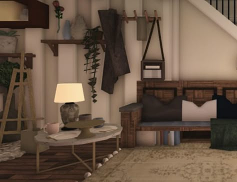 Bloxburg Apartment Room Ideas, Dark Academia Bloxburg Bedroom, Bloxburg Living Room Ideas Aesthetic, Bloxburg Entryway, Bloxburg Entryway Ideas, Realistic Bloxburg House Exterior, Bloxburg Office Ideas, Bloxburg Realistic House, Bloxburg Interior