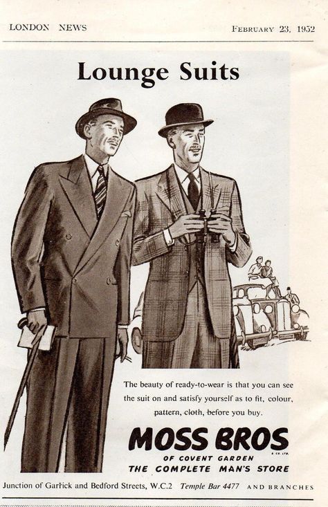 1952: Lounge suits from Moss Bros of Covent Garden. Bros Aesthetic, Bedford Street, Old School Aesthetic, Moss Bros, Vintage Menswear, Men Store, Retro Men, Covent Garden, A Gentleman